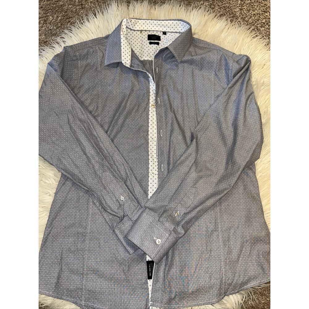 7 Diamonds Men's XL Blue Polka Dot Trim Long Sleeved button Up Dress Shirt